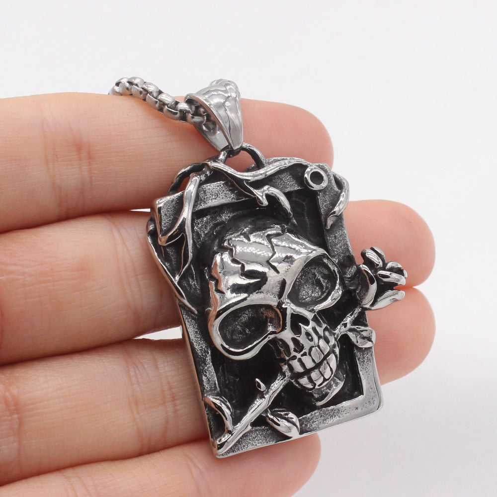 Skull and Rose Pendant Necklace for Men Titanium Steel Vintage Relief P1507
