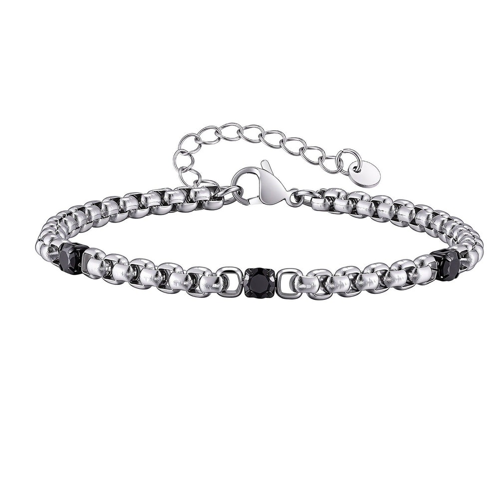 Stainless Steel Black Cubic Zirconia Beaded Chain Bracelet for Men Street Style BR-3103