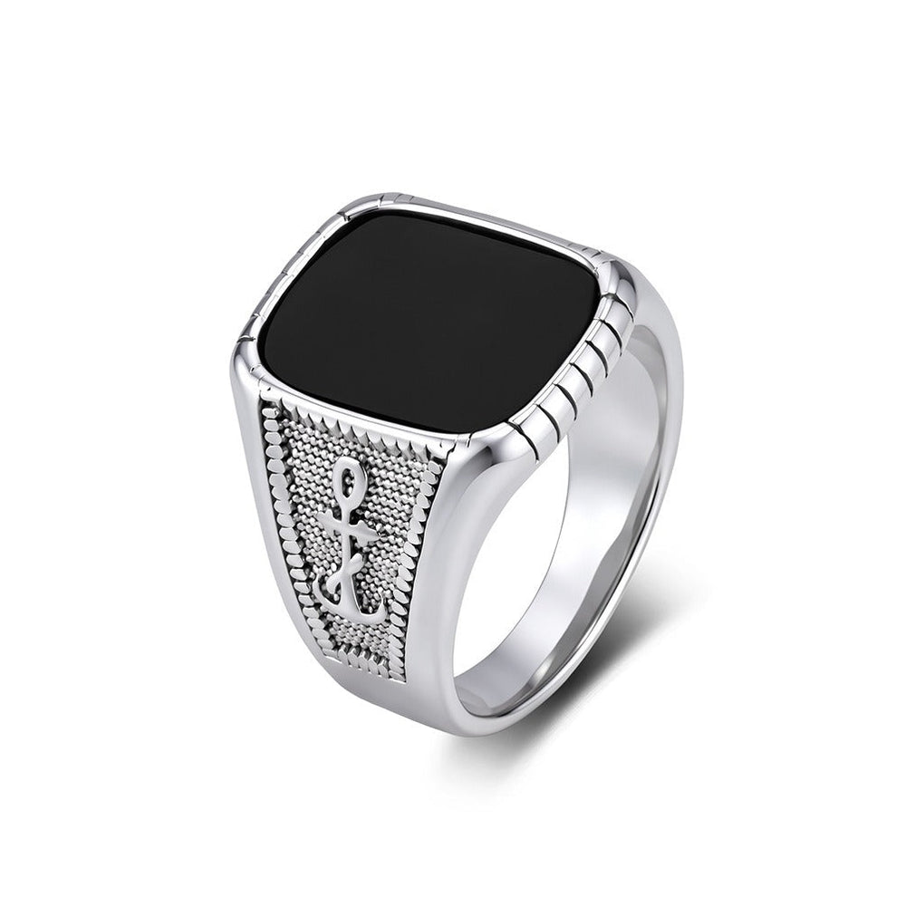 Anchor Square Signet Ring for Men Stainless Steel Vintage Stone Detail K-R1212