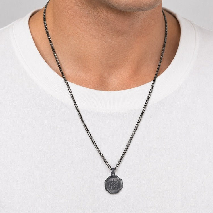 Octagon Ship Wheel Pendant Necklace for Men Stainless Steel Vintage Silver PN-2398