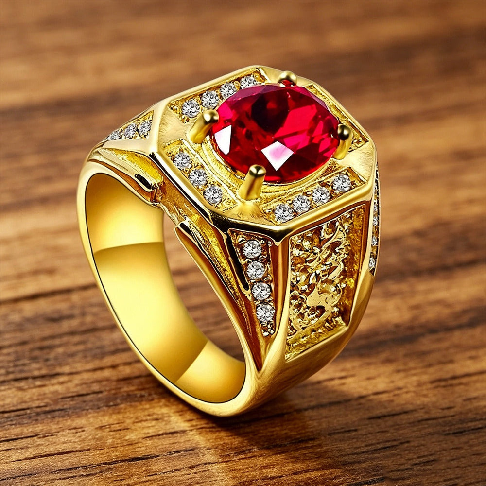 Colorful Cubic Zirconia Signet Ring for Men Stainless Steel Sculpted Detail MJ0858