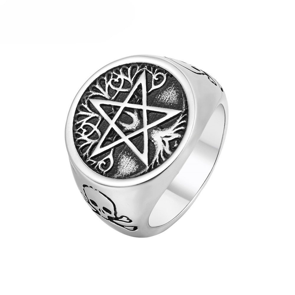 Star Signet Ring for Men Titanium Steel Tree of Life Pattern Gothic Vintage R0484