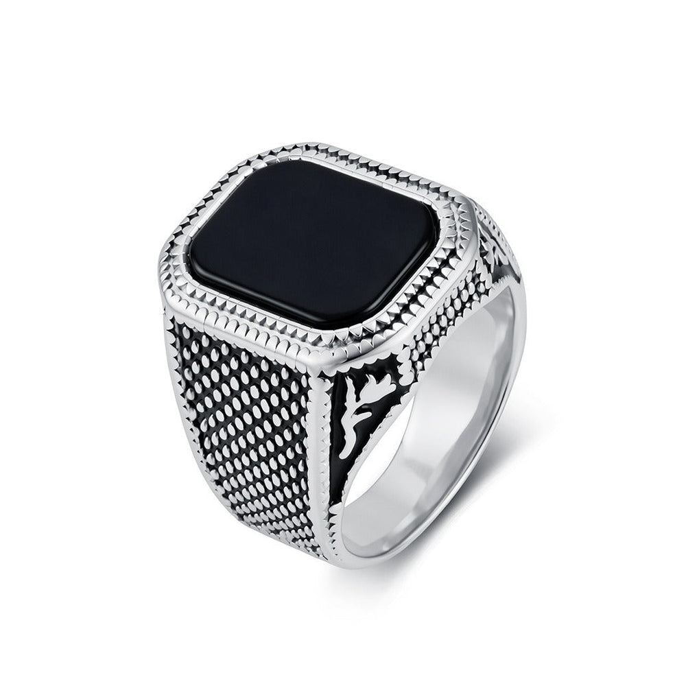 Black Stone Signet Ring for Men Stainless Steel Textured Wide Band Vintage K-R1210