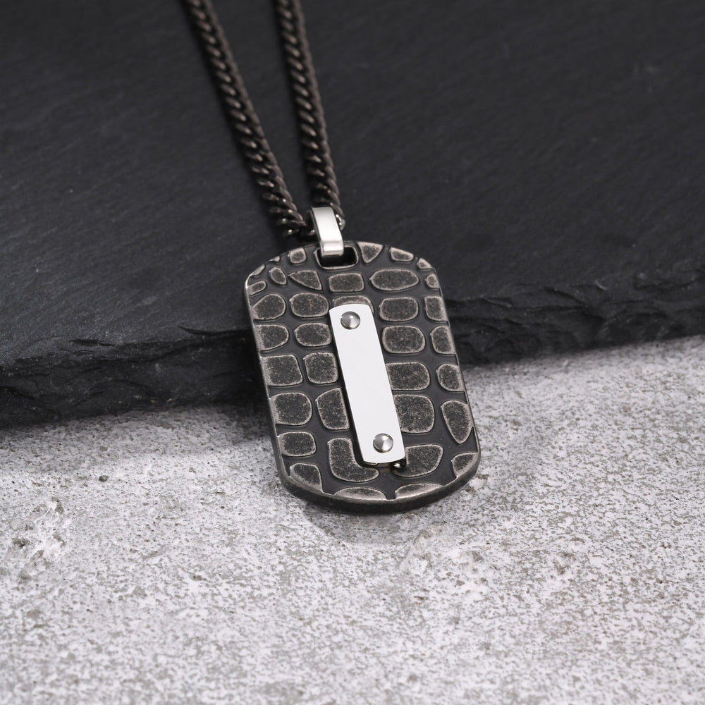 Textured Rectangular Pendant Necklace for Men Stainless Steel Polished Bar PN-2396GR