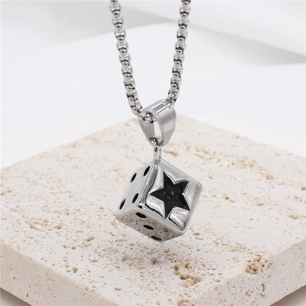 Dice Pendant Necklace for Men Titanium Steel Star Detail Square P0786