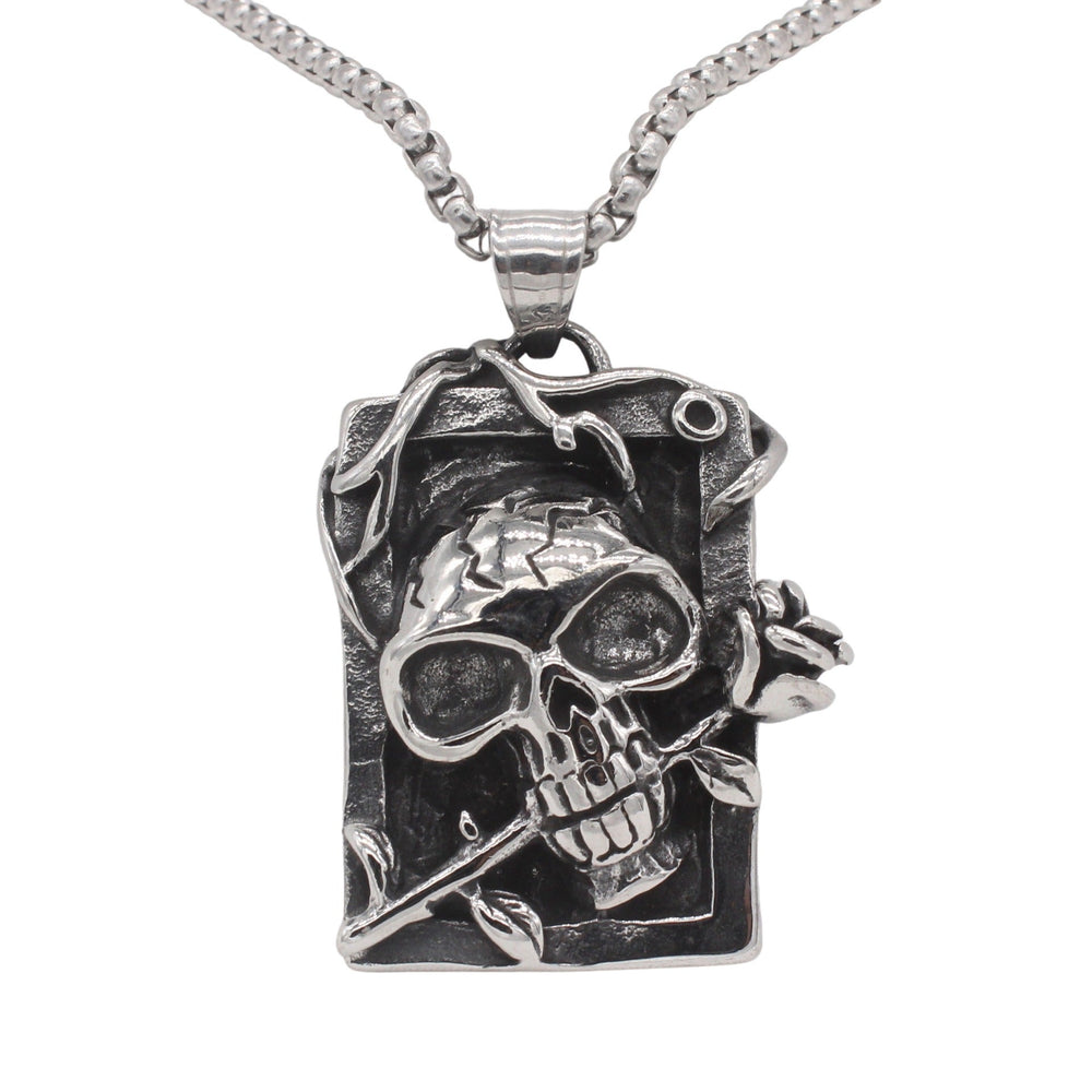 Skull and Rose Pendant Necklace for Men Titanium Steel Vintage Relief P1507