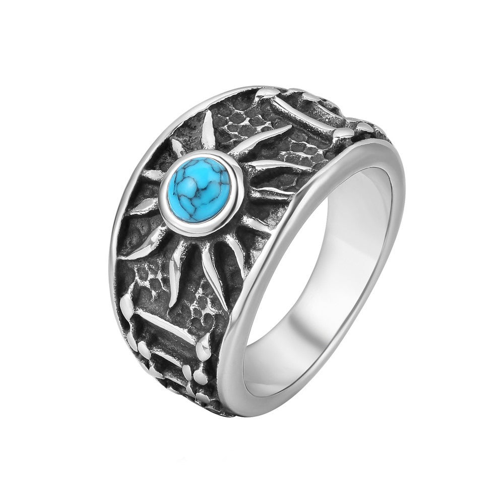 Titanium Steel Turquoise Ring for Men Wide Band Textured Vintage R1496