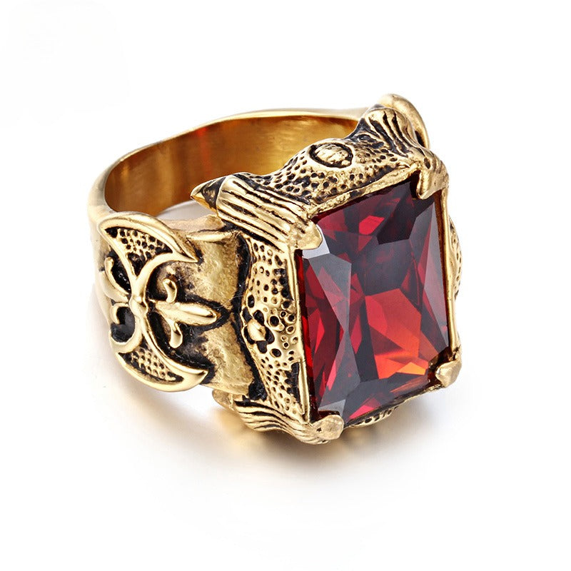 Vintage Punk Gothic Titanium Steel Ring with Multi-Color Glass Stones for Men KR39427