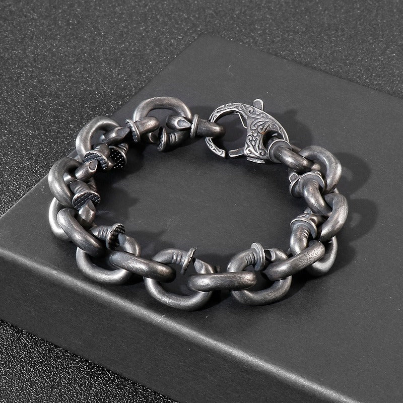 Nail Cuff Chain Bracelet – Stainless Steel Punk Men’s Jewelry Vintage Rustic Finish KB126373-KJX