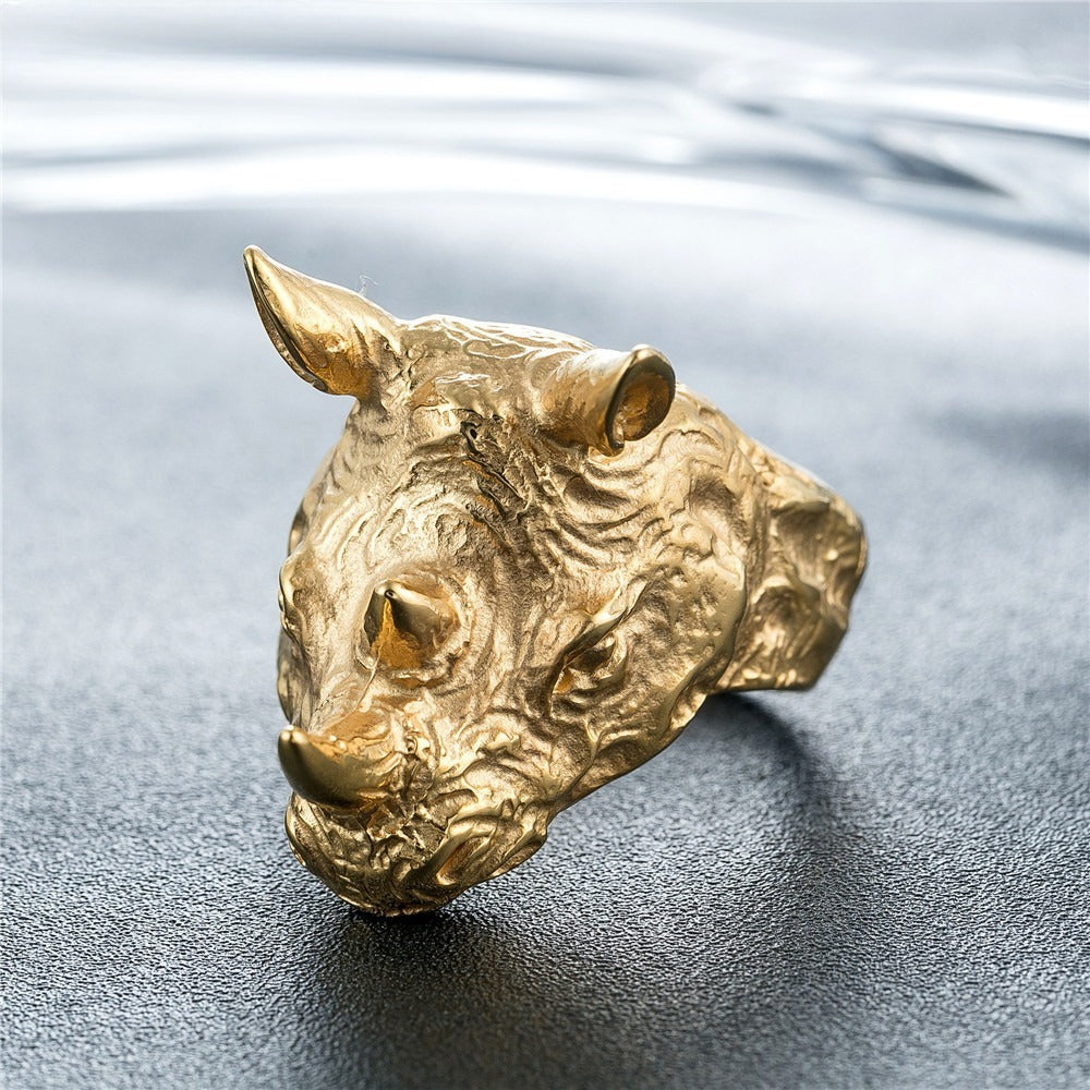 Titanium Steel Rhino Head Ring for Men Vintage Animal R0340-NK01