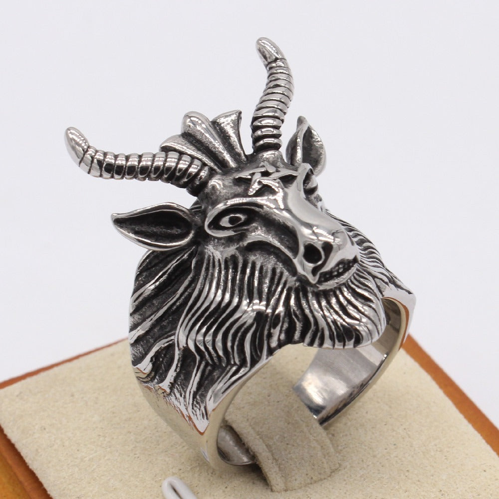 Vintage Stag Head Ring for Men Titanium Steel Sculpted Deer Antler R1550