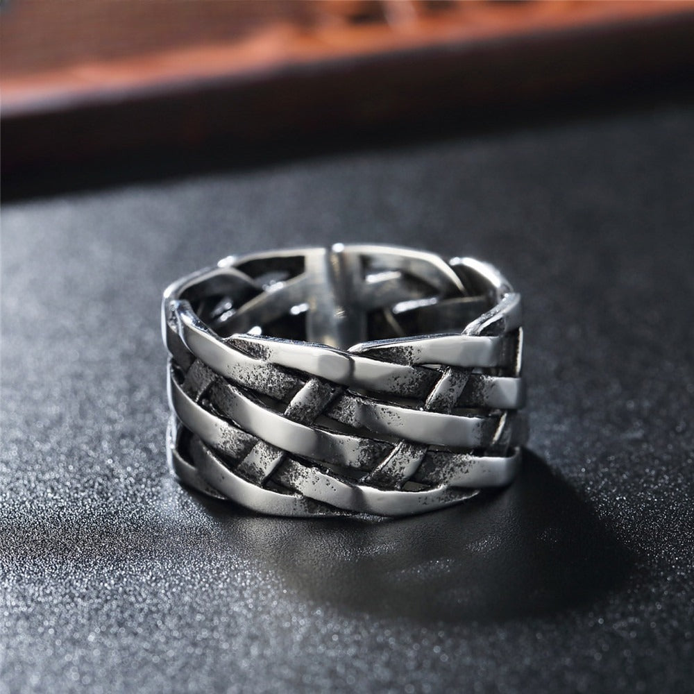Titanium Steel Woven Ring for Men Wide Band Textured Vintage R0742