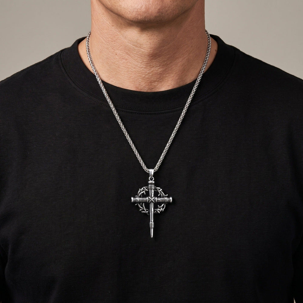 Thorn-Wrapped Gothic Cross Necklace for Men Stainless Steel Vintage Silver PN-2463S