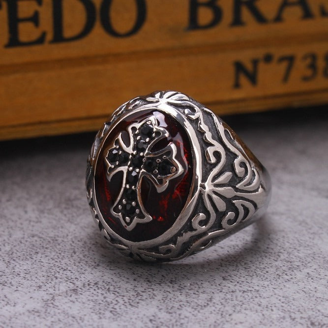 Cross Signet Ring for Men Stainless Steel Red Accent Gothic Vintage TR0074