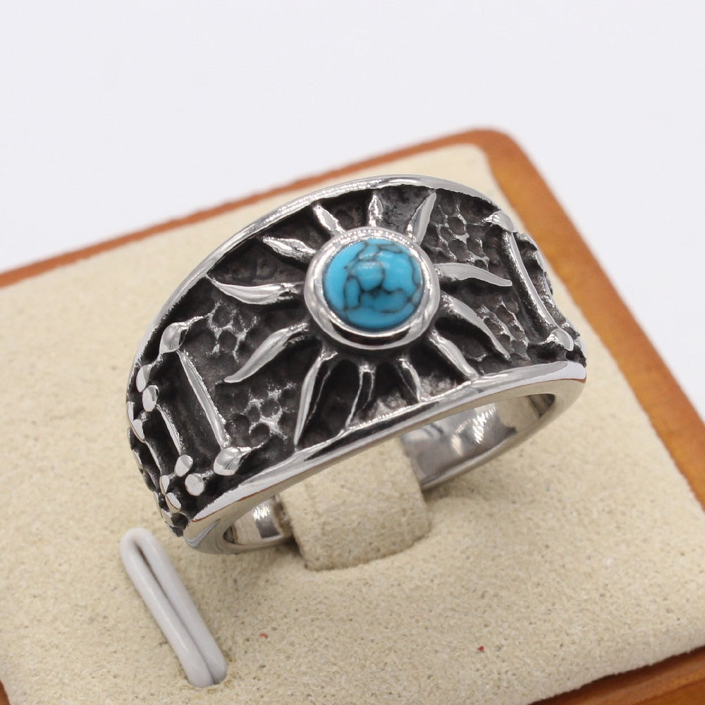 Titanium Steel Turquoise Ring for Men Wide Band Textured Vintage R1496