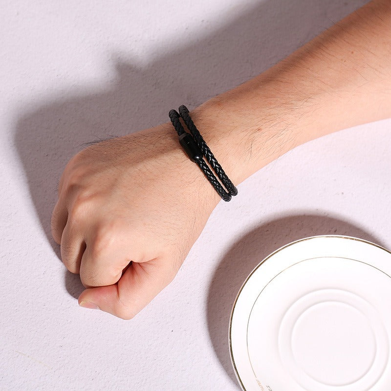 Black Leather & Stainless Steel Magnetic Bracelet – Dual-Layer Cuff for Men BL446