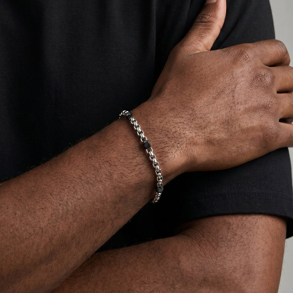 Stainless Steel Black Cubic Zirconia Beaded Chain Bracelet for Men Street Style BR-3103