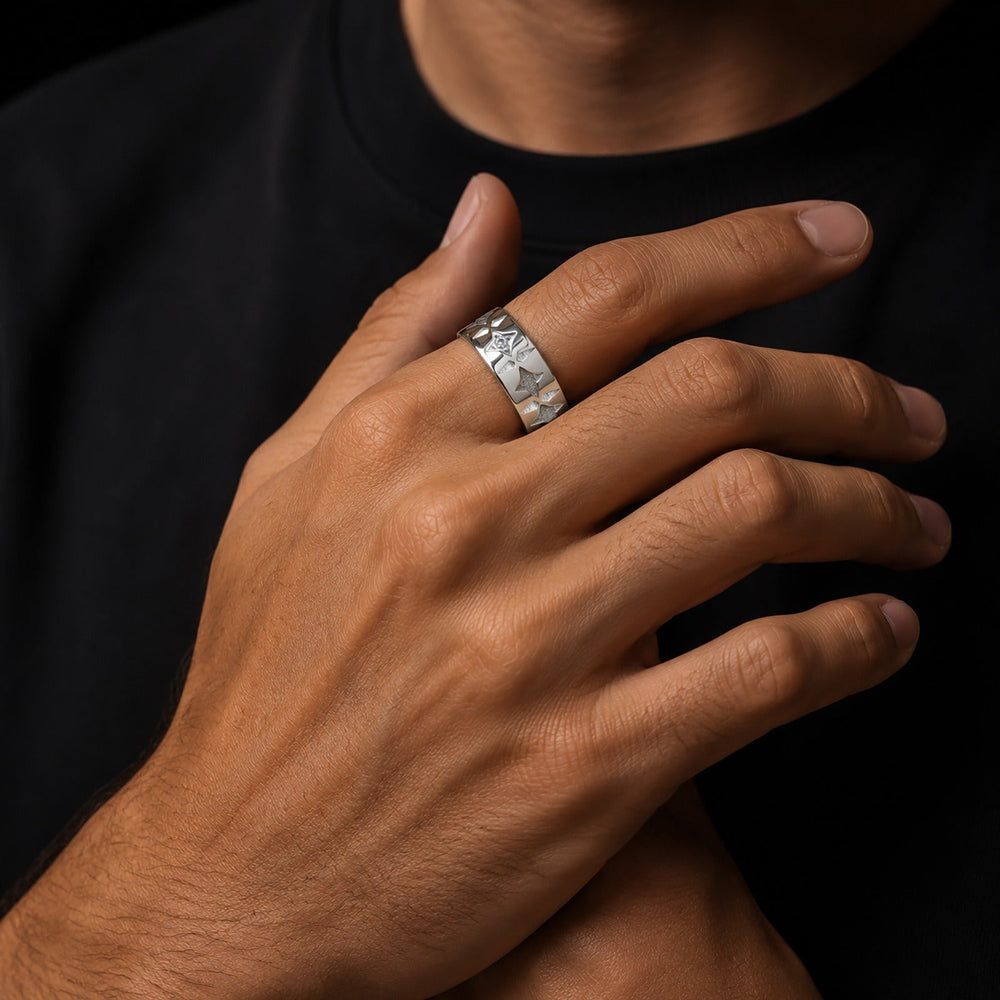 Four Point Star Ring for Men Stainless Steel White Cubic Zirconia Wide Band RC-1117