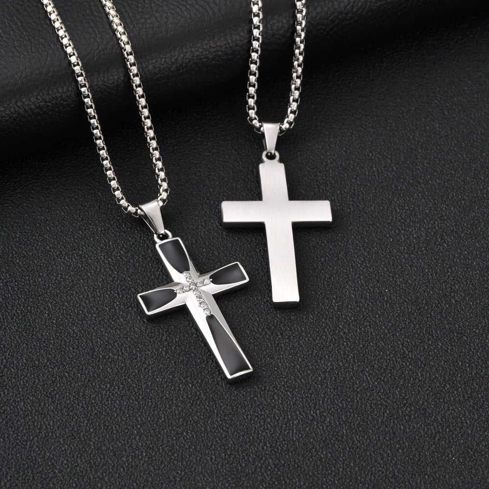 Stainless Steel Black Cross Pendant Necklace with Cubic Zirconia for Men PN-2321