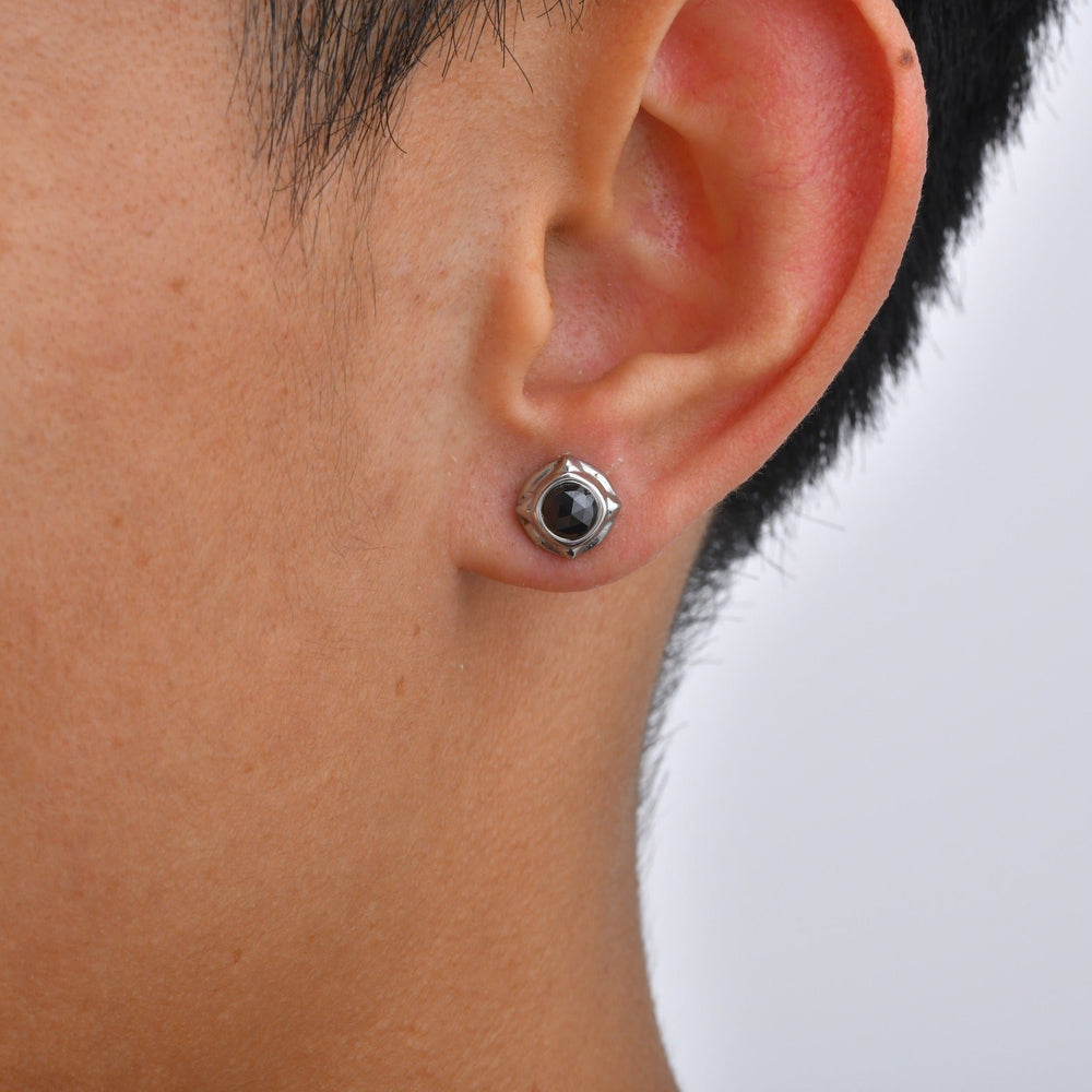 Stainless Steel Black Cubic Zirconia Stud Earrings for Men Geometric Detail ES-836