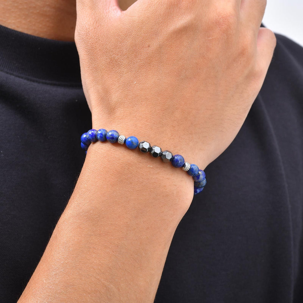Lapis Lazuli Black Stone Beaded Bracelet for Men Stainless Steel Vintage Style BR-2917