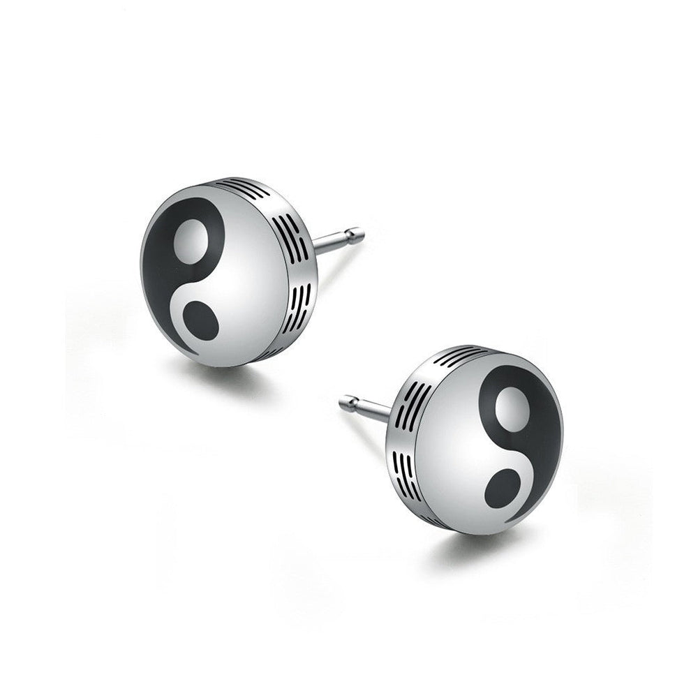 Stainless Steel Black White Stud Earrings for Men Minimal Round K-E039
