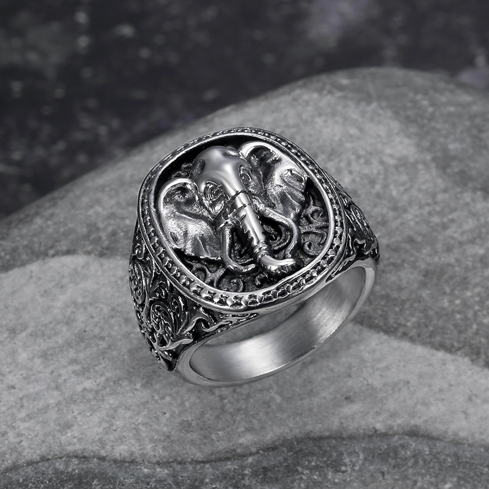 Elephant Signet Ring for Men Stainless Steel Vintage Engraved TR0398
