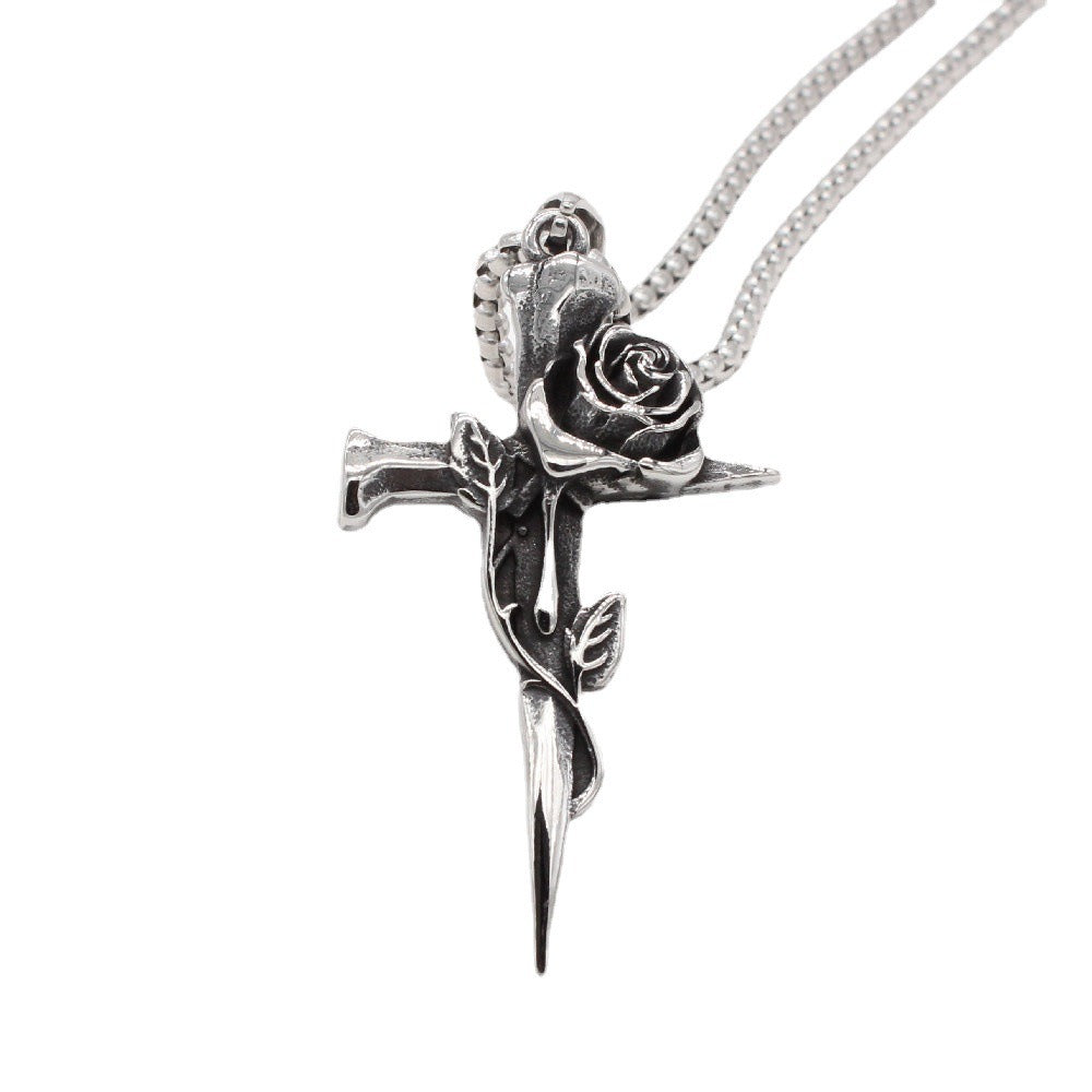 Stainless Steel Cross Pendant Necklace for Men Women Rose Detail Vintage P0999