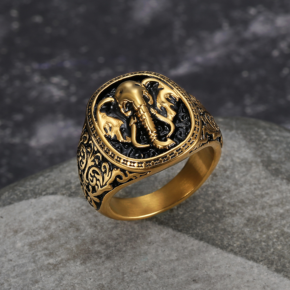 Elephant Signet Ring for Men Stainless Steel Vintage Engraved TR0398