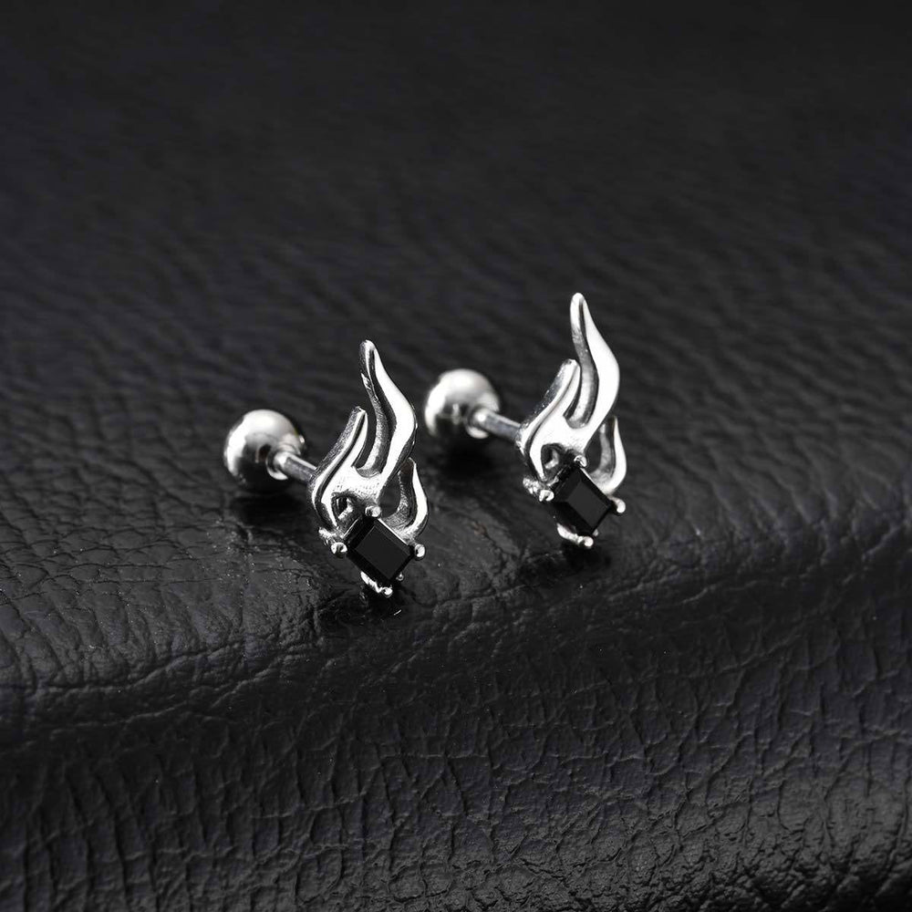 Stainless Steel Flame Stud Earring with Black Cubic Zirconia for Men & Women ES-787S