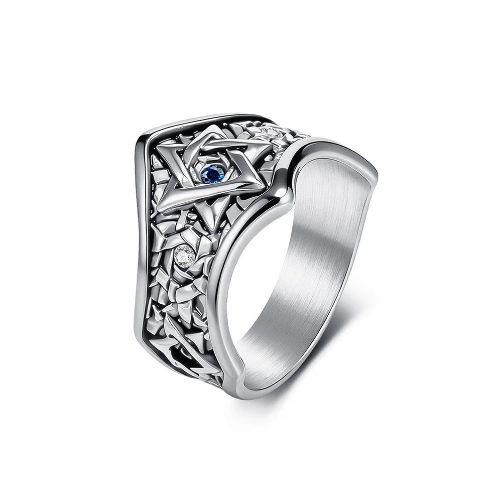 Stainless Steel Hexagram Signet Ring for Men Cubic Zirconia Silver Gold Black K-R1152