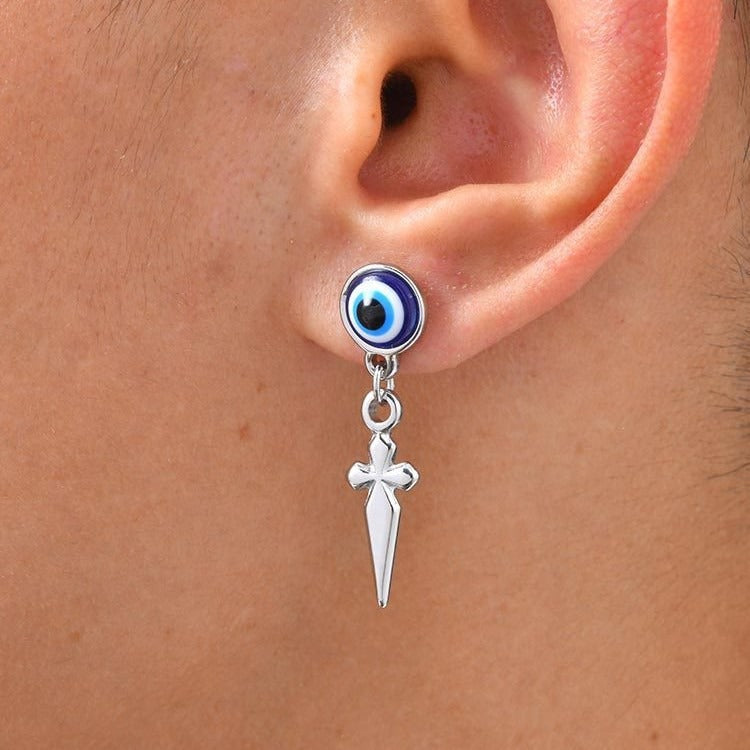 Blue Eye Cross Drop Earring for Men Stainless Steel Gothic ED-1099