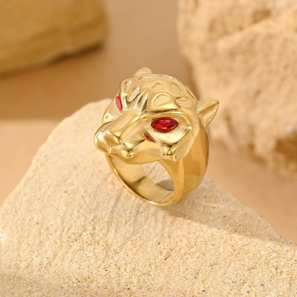 Leopard Head Ring for Men Stainless Steel Red Green Cubic Zirconia Stone Eyes TR0533