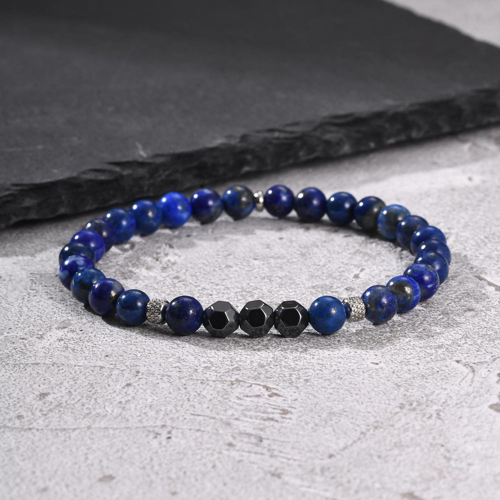 Lapis Lazuli Black Stone Beaded Bracelet for Men Stainless Steel Vintage Style BR-2917