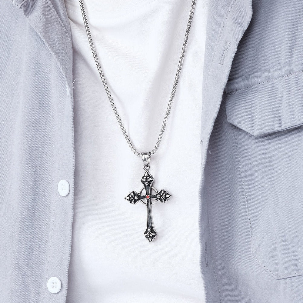 Stainless Steel Red Cubic Zirconia Cross Pendant Necklace for Men Vintage Silver K-PT396