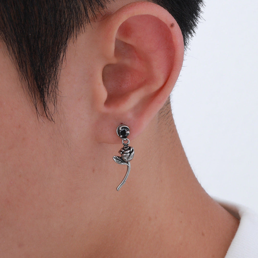 Stainless Steel Rose Drop Earring with Black Cubic Zirconia for Men ED-788