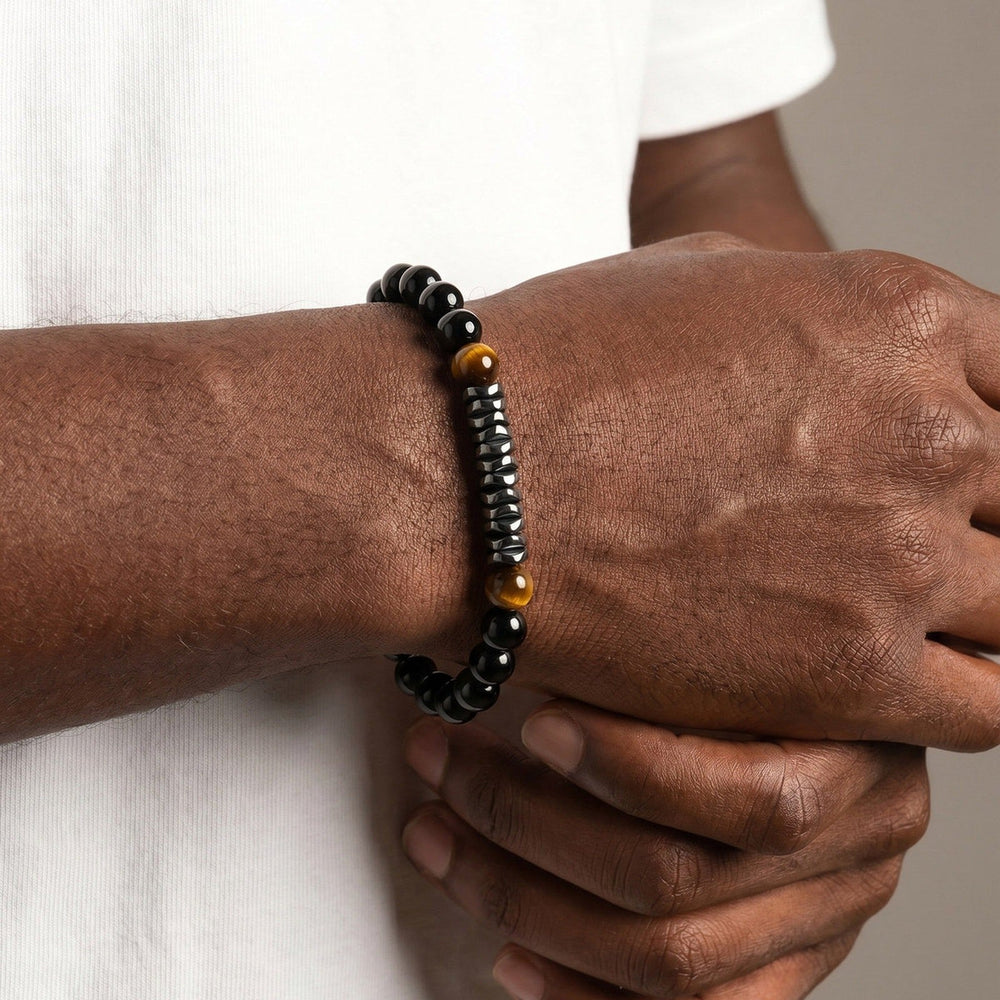 Kemston Stainless Steel Tiger Eye Beaded Bracelet for Men Black Onyx Hematite Stone Adjustable BR-2919