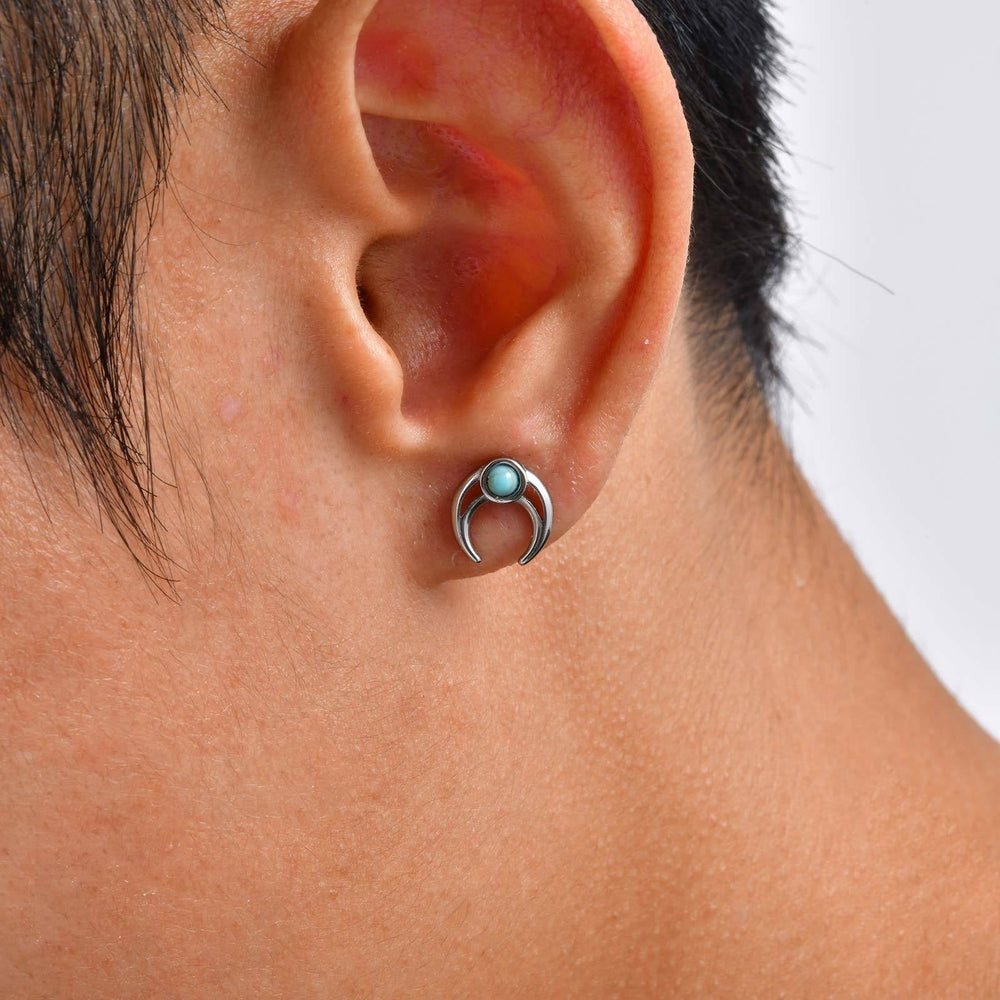 Stainless Steel Moon Stud Earring – Turquoise Punk Style for Men ES-748