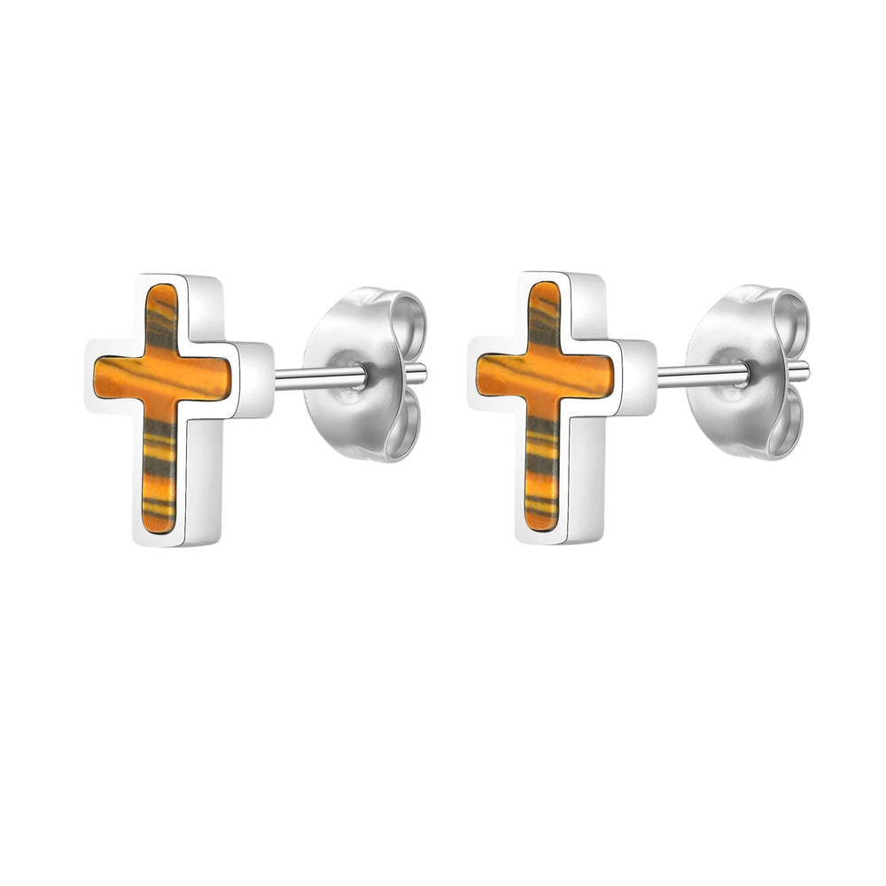 Stainless Steel Tiger Eye Cross Stud Earrings for Men ES-642