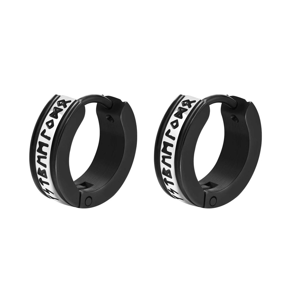 Stainless Steel Viking Rune Hoop Earrings – Black IP Engraved Huggie for Men EH-536SB