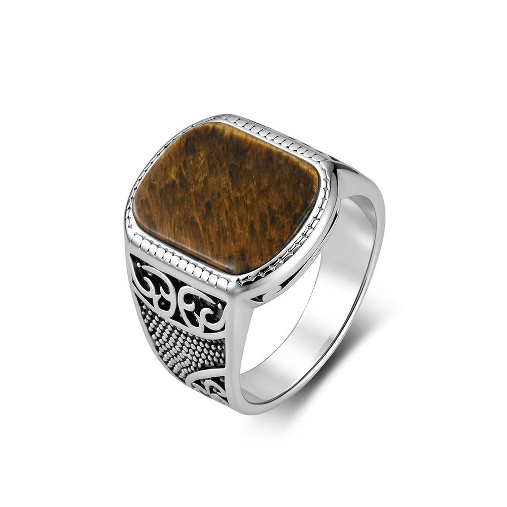 Square Signet Ring for Men Stainless Steel Engraved Stone Center Vintage Design K-R1197