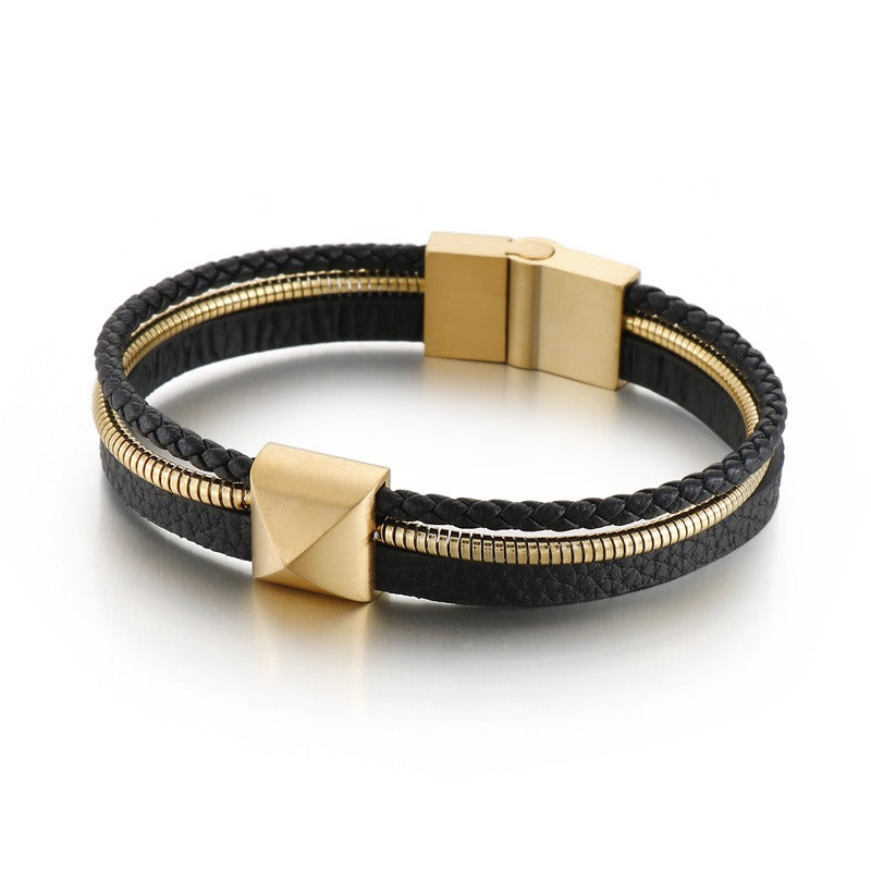 Men’s Titanium Steel Leather Bracelet – Gold Snake Chain Wristband KB147381