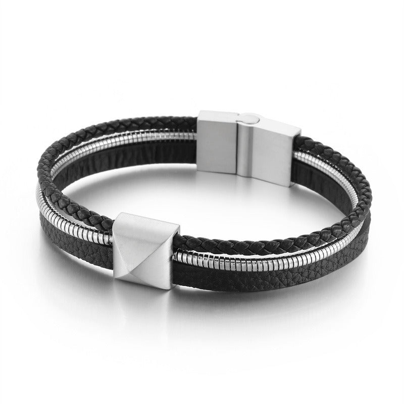 Men’s Titanium Steel Leather Bracelet – Gold Snake Chain Wristband KB147381