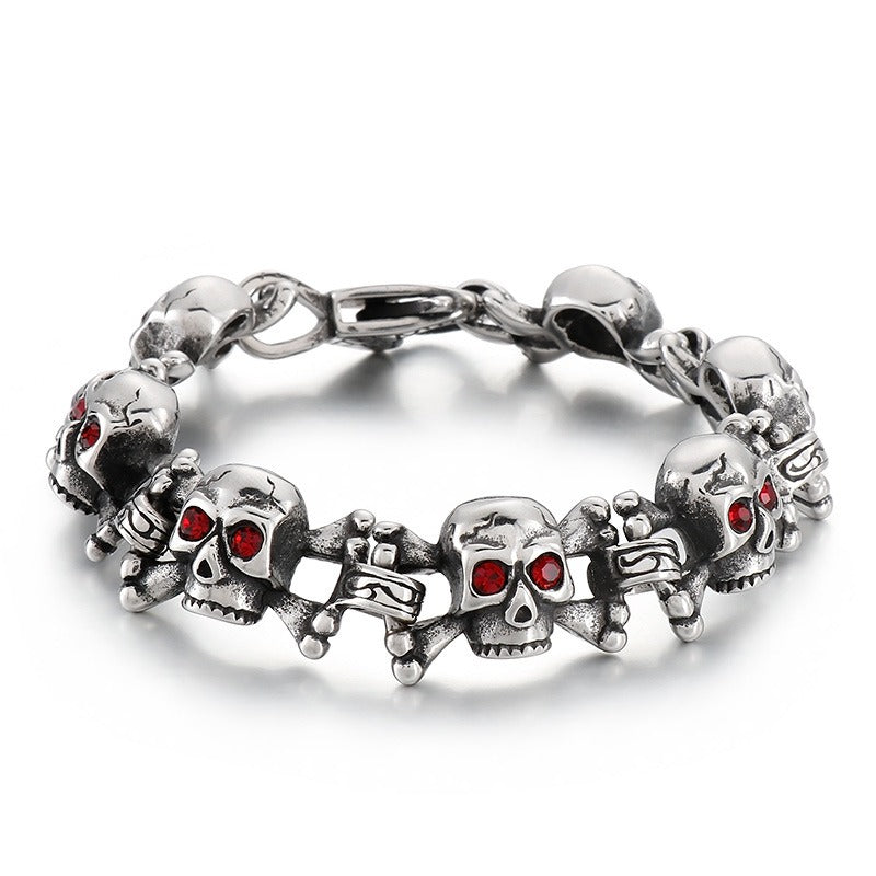 Men’s Titanium Steel Skull Bracelet & Pendant – Red Cubic Zirconia Gothic Style KB149866-KJX