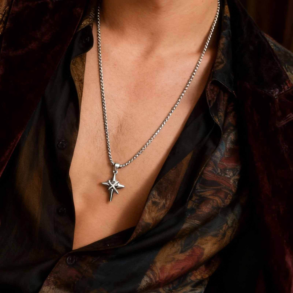 Stainless Steel Four-Point Star Pendant Necklace for Men – Black Cubic Zirconia PN-2316