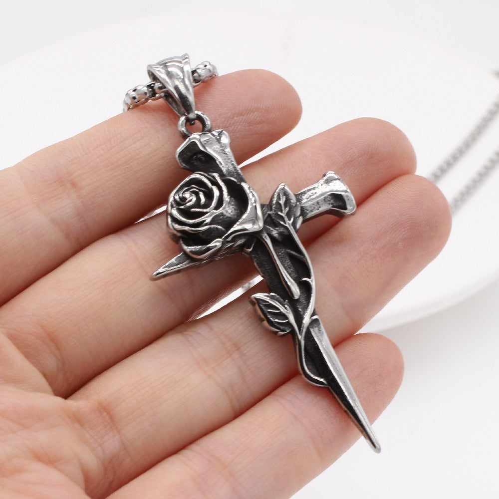 Stainless Steel Cross Pendant Necklace for Men Women Rose Detail Vintage P0999