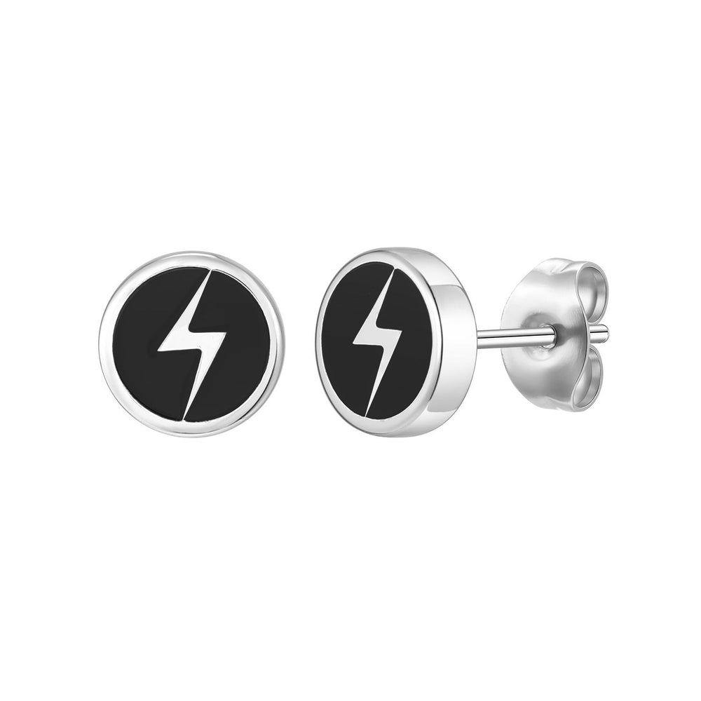Lightning Stud Earrings for Men Stainless Steel Black Enamel Round Stud 2PCS ES-751S