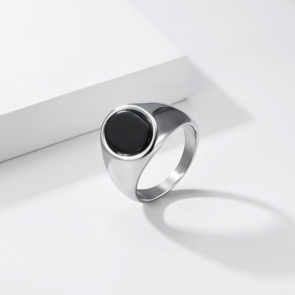 Signet Ring for Men Stainless Steel Oval Black Stone Inlay Geometric Style KR1134
