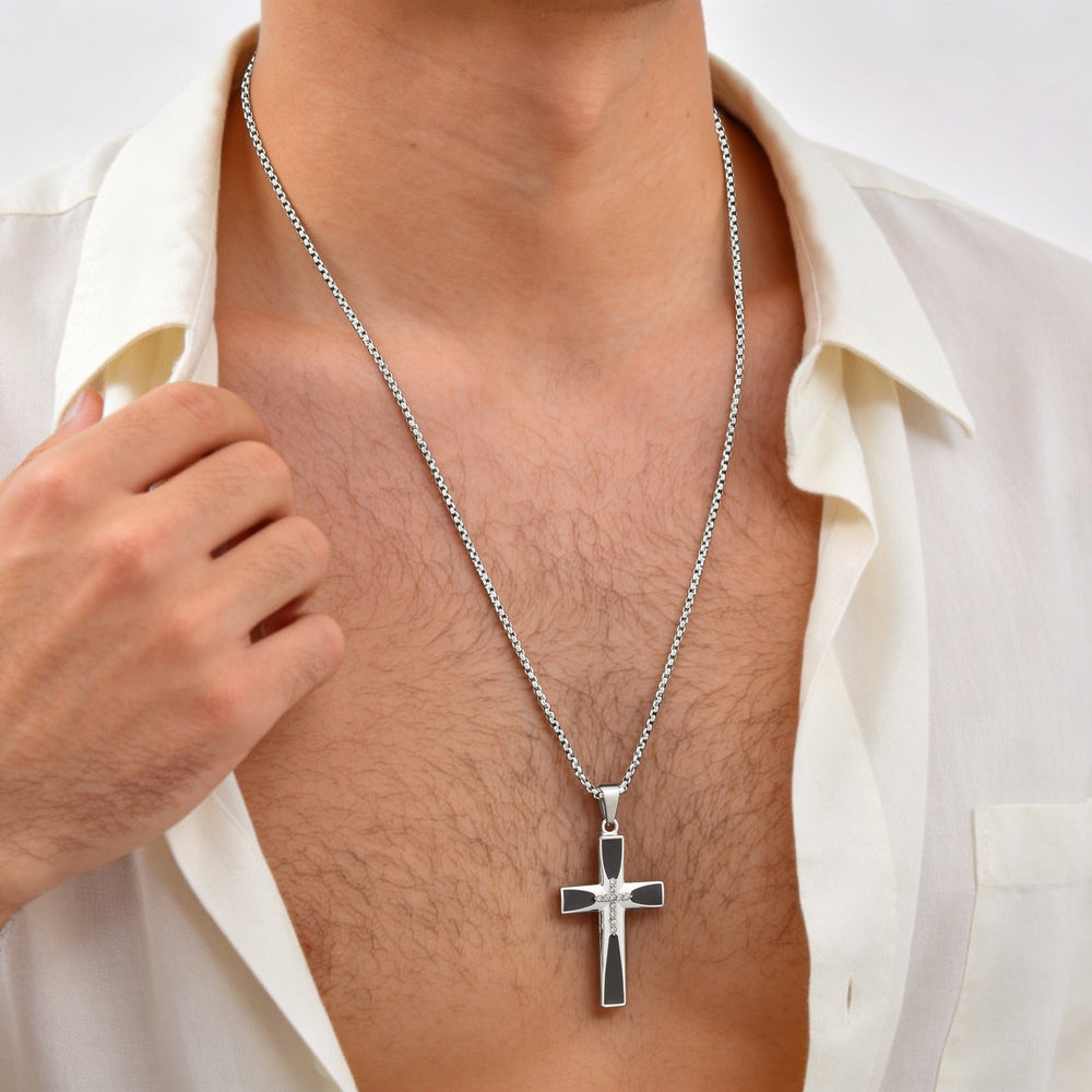 Stainless Steel Black Cross Pendant Necklace with Cubic Zirconia for Men PN-2321