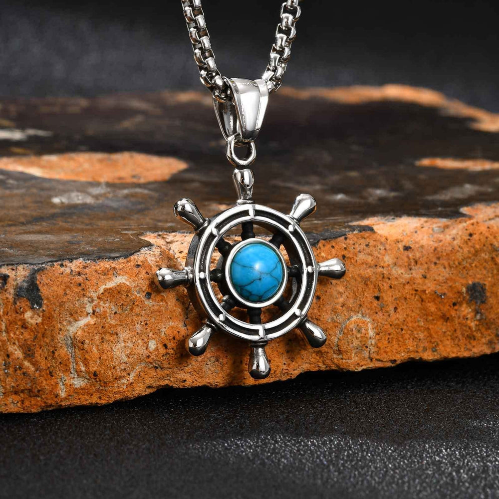 Men’s Turquoise Pendant Necklace – Stainless Steel Ship Wheel Pendant PN-2234